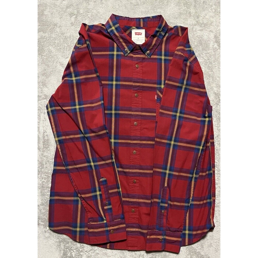 Levis Shirt Adult XL Red Purple Plaid Button Up Long Sleeve Casual Preppy Mens